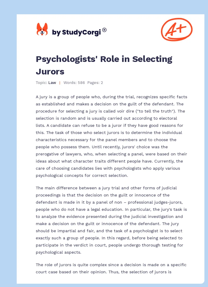 Psychologists' Role in Selecting Jurors. Page 1