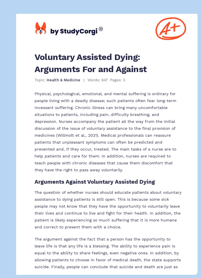 Voluntary Assisted Dying: Arguments For and Against. Page 1