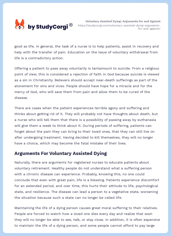 Voluntary Assisted Dying: Arguments For and Against. Page 2
