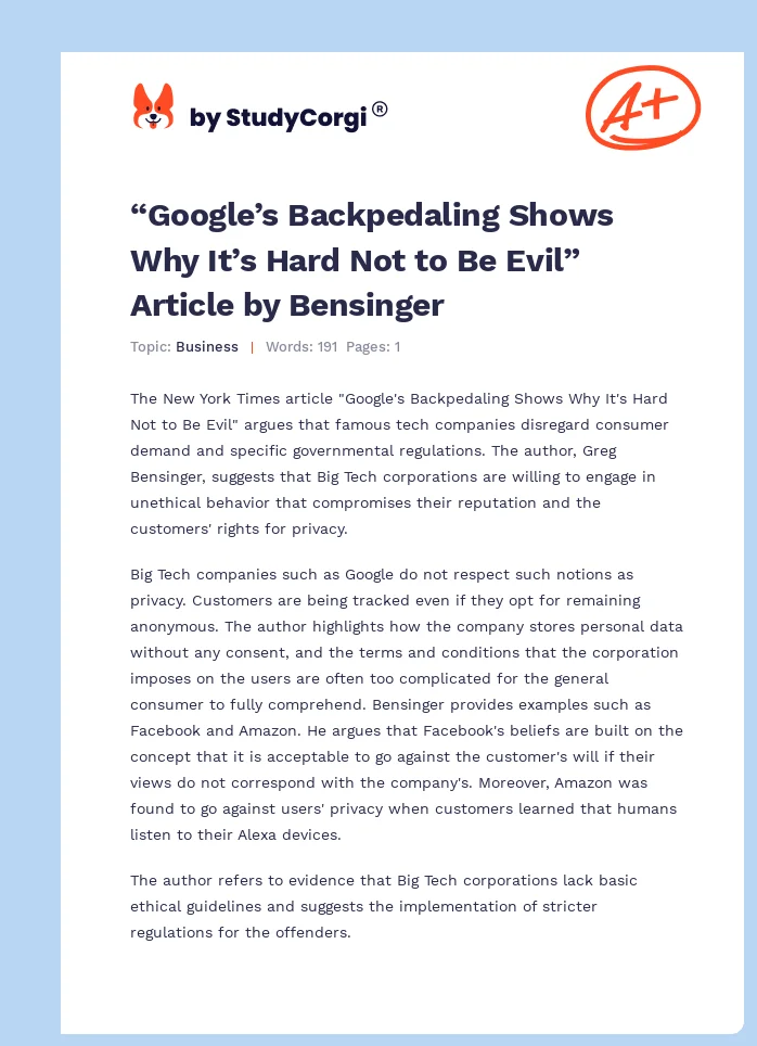 “Google’s Backpedaling Shows Why It’s Hard Not to Be Evil” Article by Bensinger. Page 1