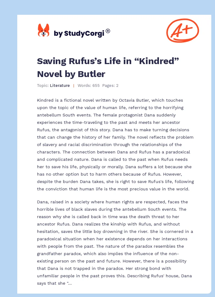 Saving Rufus’s Life in “Kindred” Novel by Butler. Page 1
