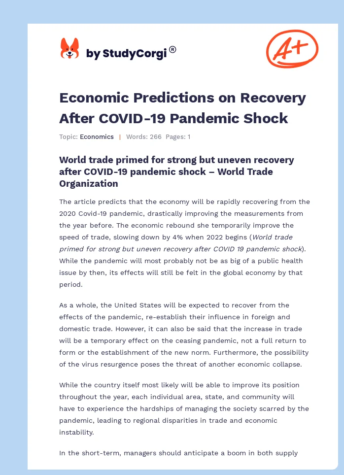 Economic Predictions on Recovery After COVID-19 Pandemic Shock. Page 1