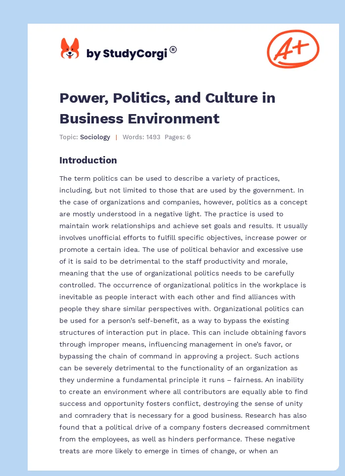 Power, Politics, and Culture in Business Environment. Page 1