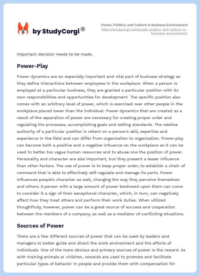 Power, Politics, and Culture in Business Environment. Page 2