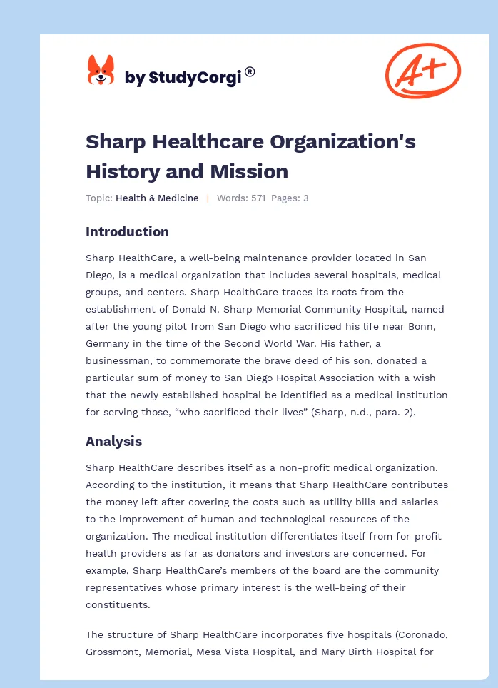 Sharp Healthcare Organization's History and Mission. Page 1