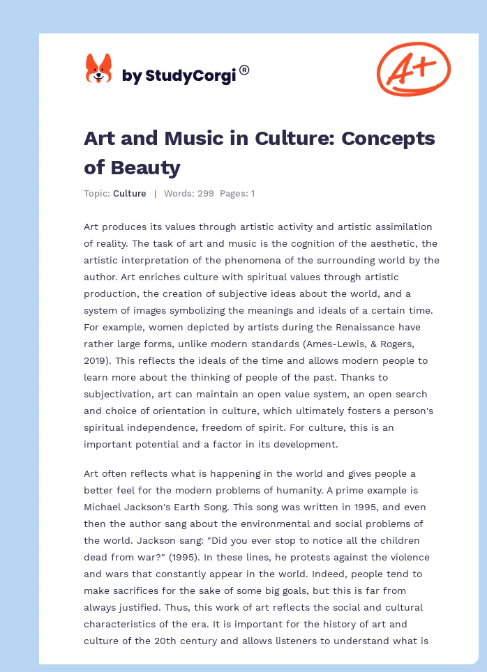 Art and Music in Culture: Concepts of Beauty. Page 1