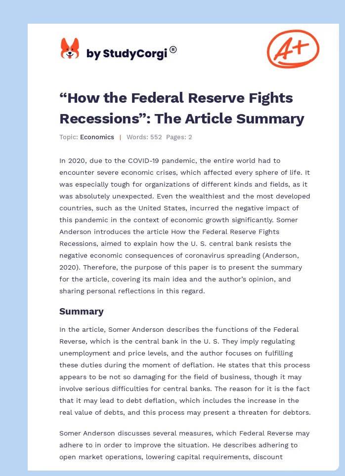 “How the Federal Reserve Fights Recessions”: The Article Summary. Page 1
