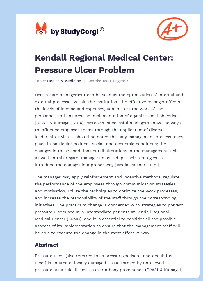 Kendall Regional Medical Center: Pressure Ulcer Problem. Page 1