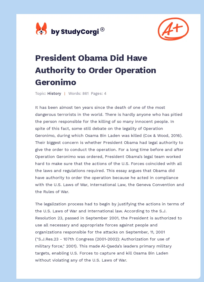 President Obama Did Have Authority to Order Operation Geronimo. Page 1