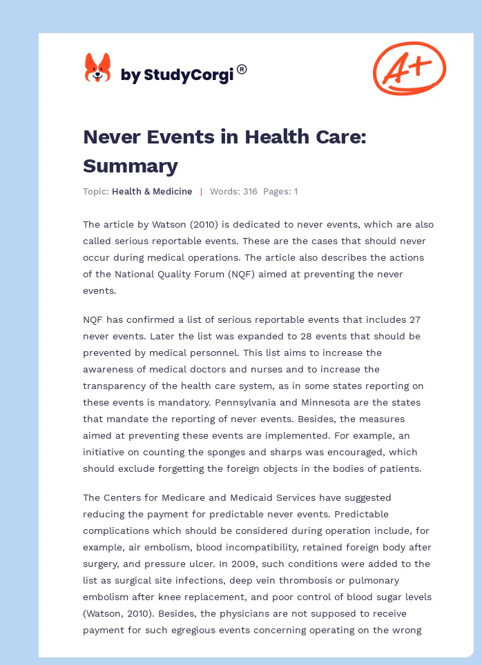 Never Events in Health Care: Summary. Page 1