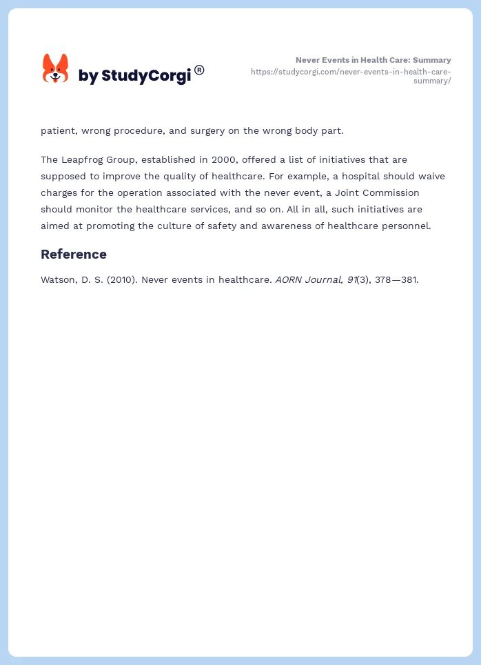 Never Events in Health Care: Summary. Page 2
