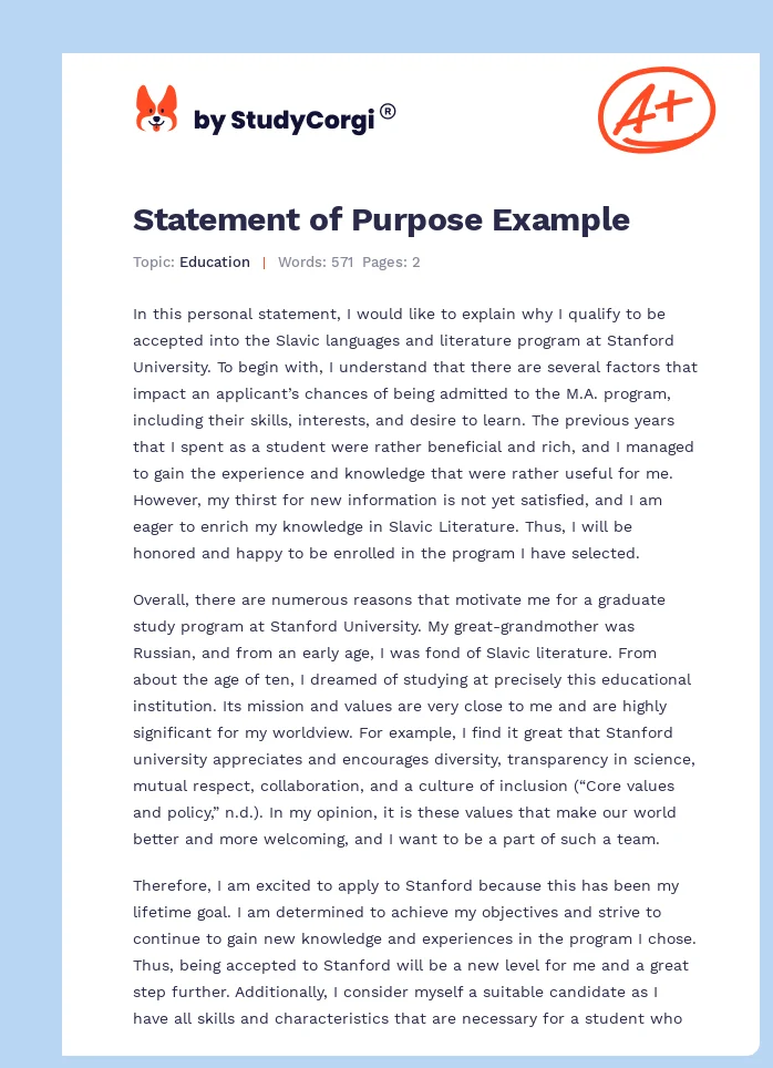 Statement of Purpose Example. Page 1