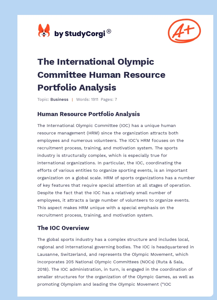 The International Olympic Committee Human Resource Portfolio Analysis. Page 1