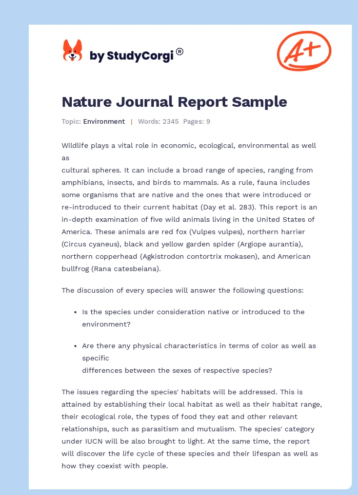 Nature Journal Report Sample. Page 1