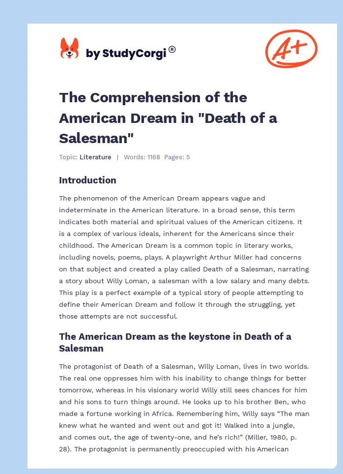 The Comprehension of the American Dream in "Death of a Salesman". Page 1