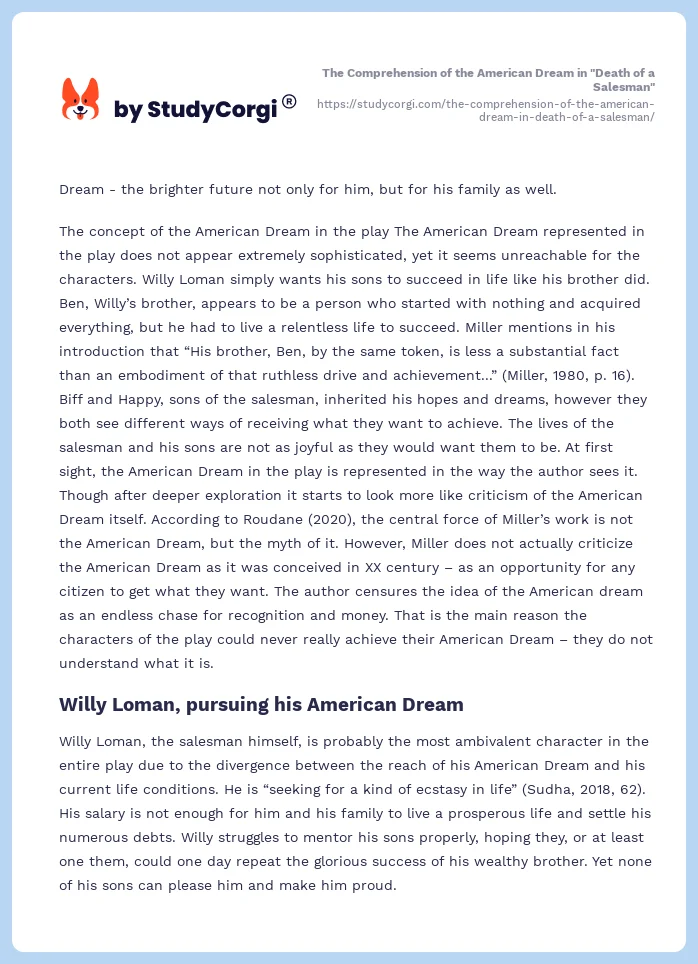 The Comprehension of the American Dream in "Death of a Salesman". Page 2