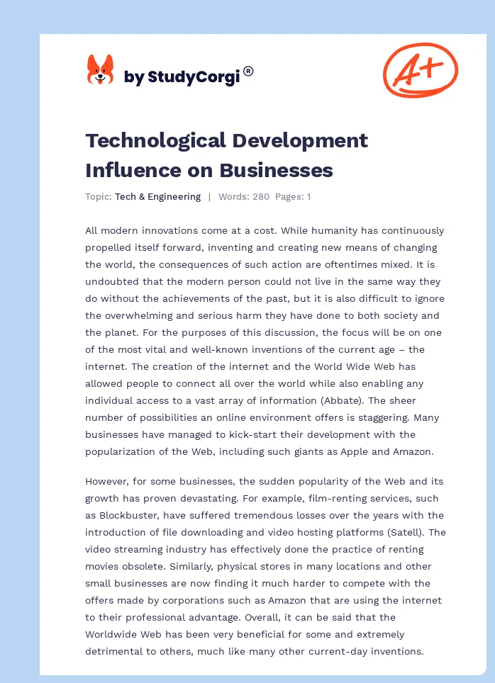 Technological Development Influence on Businesses. Page 1