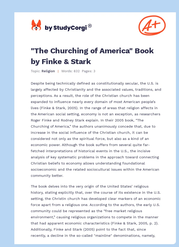 "The Churching of America" Book by Finke & Stark. Page 1