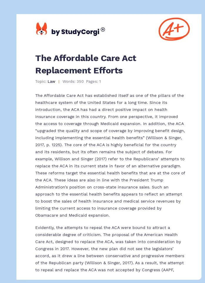 The Affordable Care Act Replacement Efforts. Page 1
