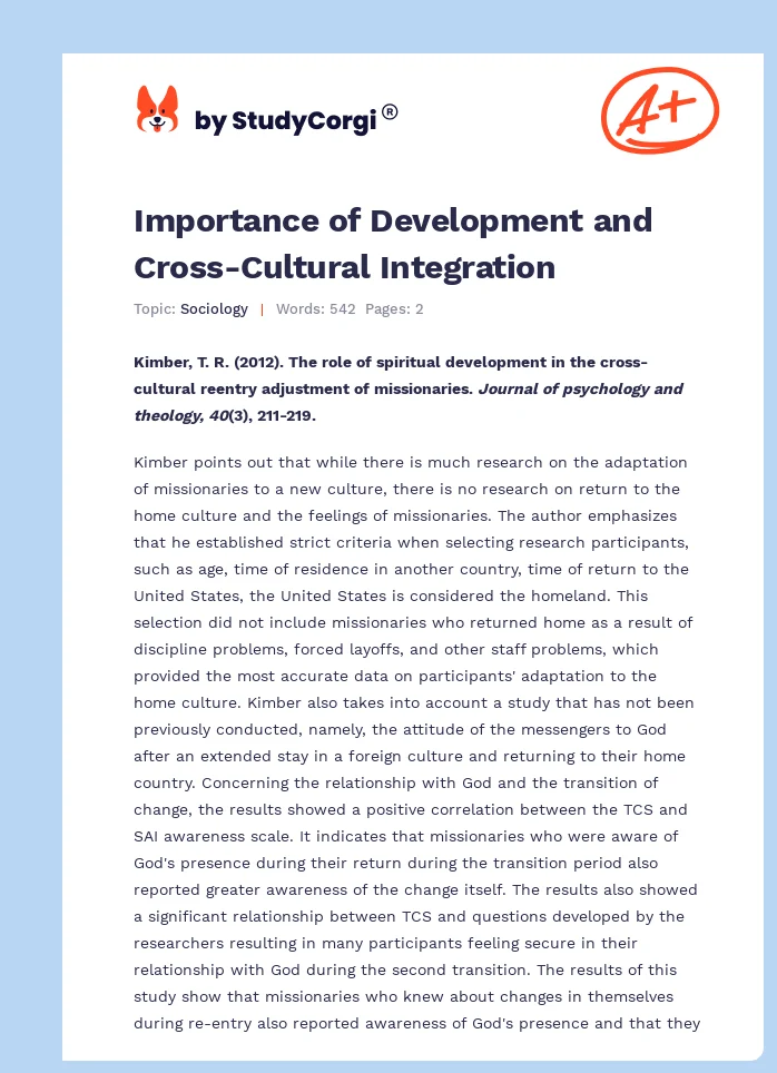 Importance of Development and Cross-Cultural Integration. Page 1