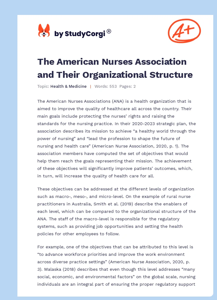 The American Nurses Association and Their Organizational Structure. Page 1
