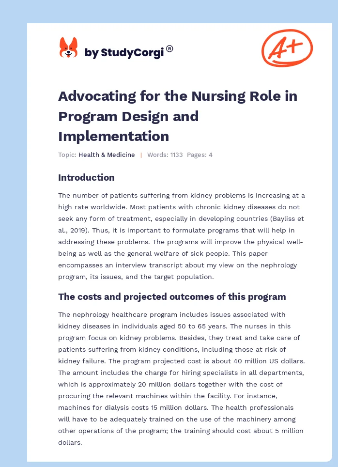 Advocating for the Nursing Role in Program Design and Implementation. Page 1