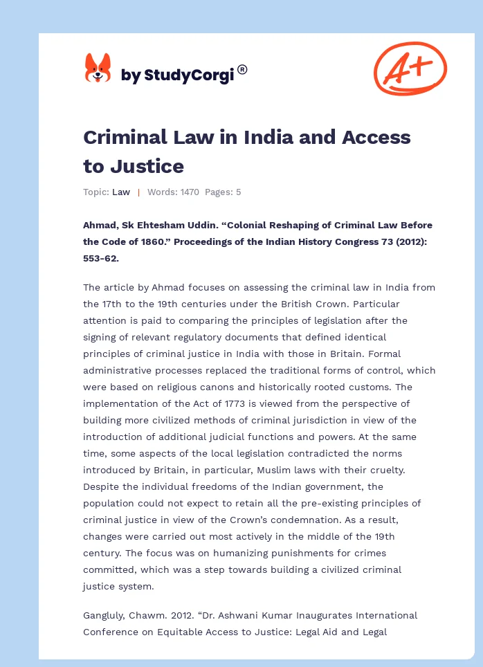 Criminal Law in India and Access to Justice. Page 1