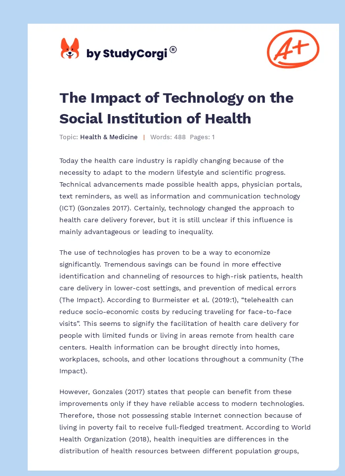The Impact of Technology on the Social Institution of Health. Page 1