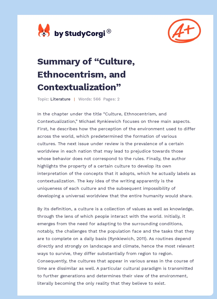 Summary of “Culture, Ethnocentrism, and Contextualization”. Page 1