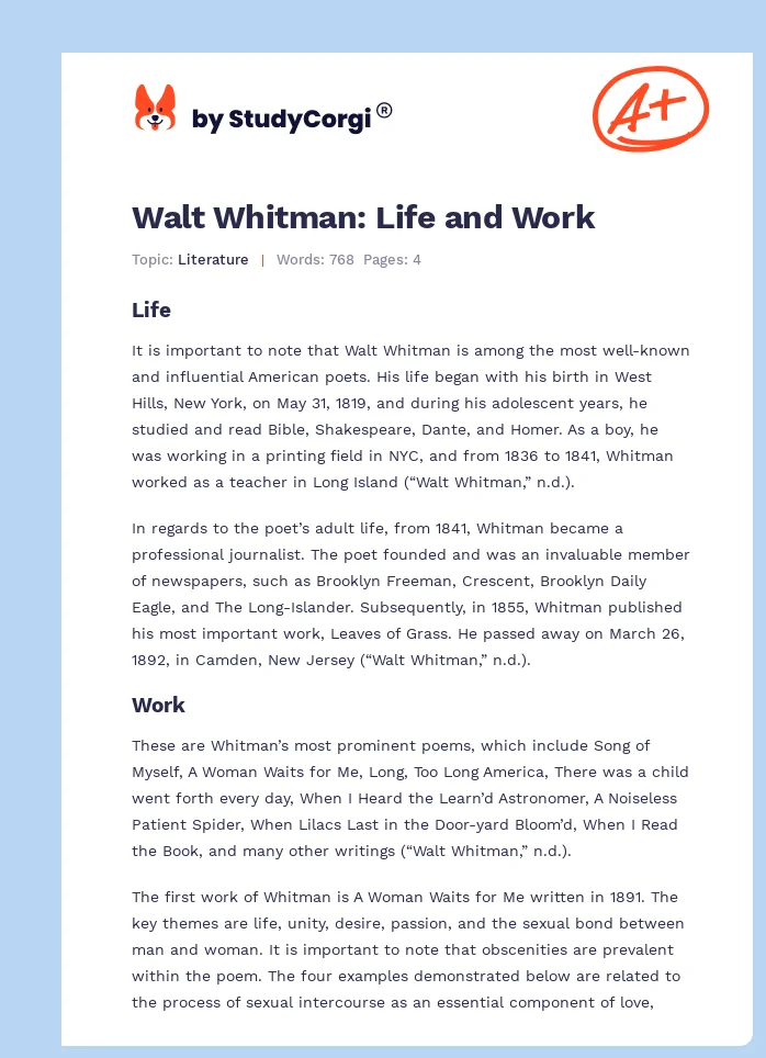 Walt Whitman: Life and Work. Page 1