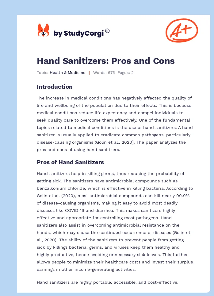 Hand Sanitizers: Pros and Cons. Page 1