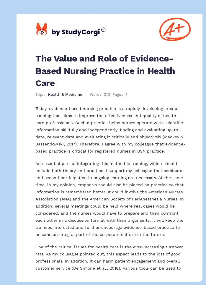 The Value and Role of Evidence-Based Nursing Practice in Health Care. Page 1
