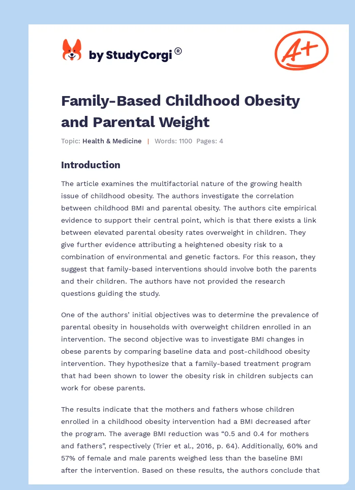 Family-Based Childhood Obesity and Parental Weight. Page 1