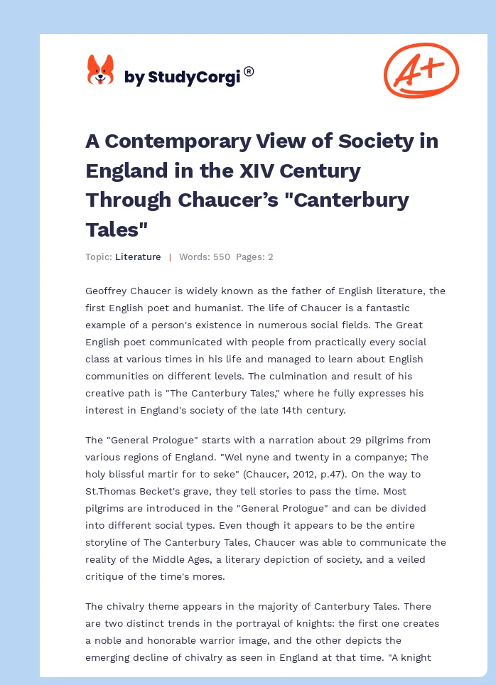 A Contemporary View of Society in England in the XIV Century Through Chaucer’s "Canterbury Tales". Page 1