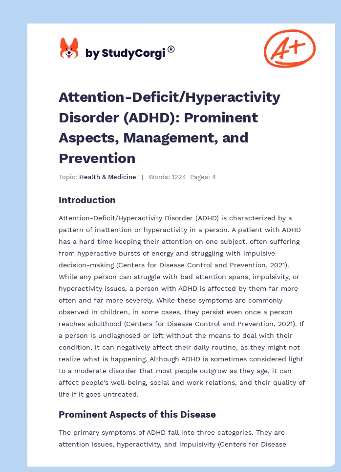 Attention-Deficit/Hyperactivity Disorder (ADHD): Prominent Aspects, Management, and Prevention. Page 1