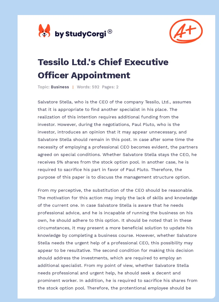 Tessilo Ltd.'s Chief Executive Officer Appointment. Page 1
