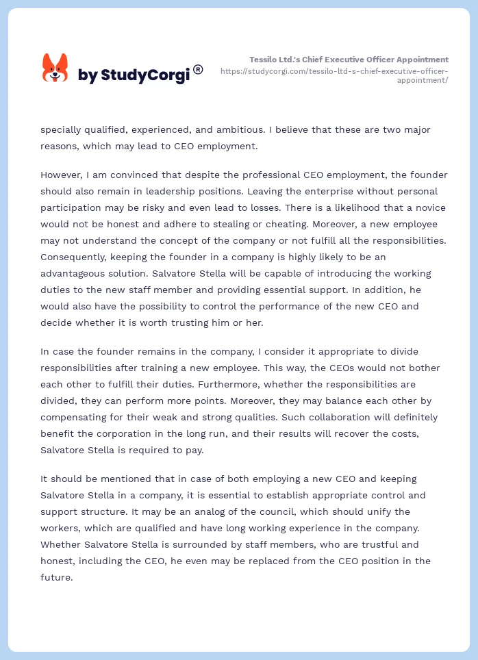 Tessilo Ltd.'s Chief Executive Officer Appointment. Page 2