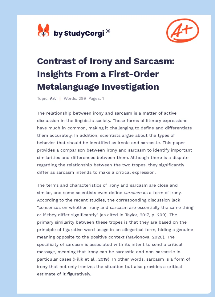 Contrast of Irony and Sarcasm: Insights From a First-Order Metalanguage Investigation. Page 1