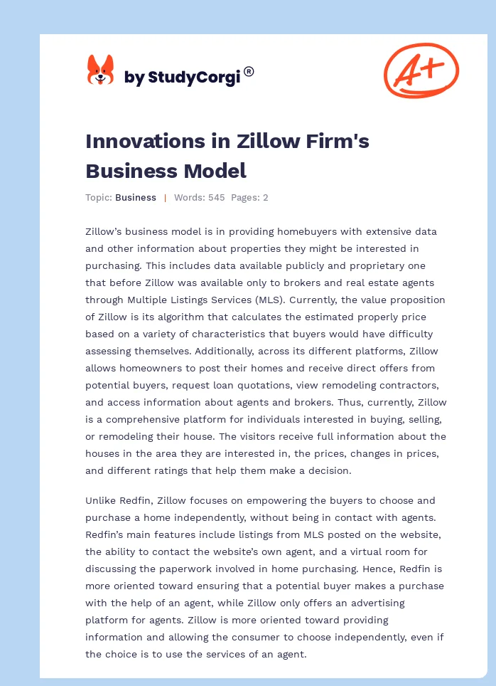 Innovations in Zillow Firm's Business Model. Page 1