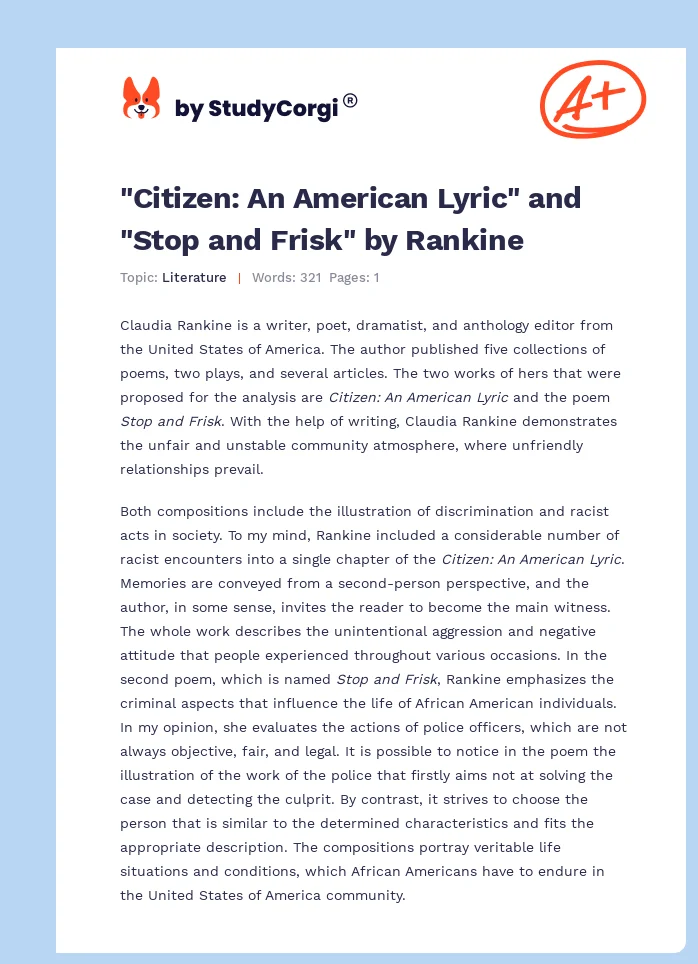 "Citizen: An American Lyric" and "Stop and Frisk" by Rankine. Page 1