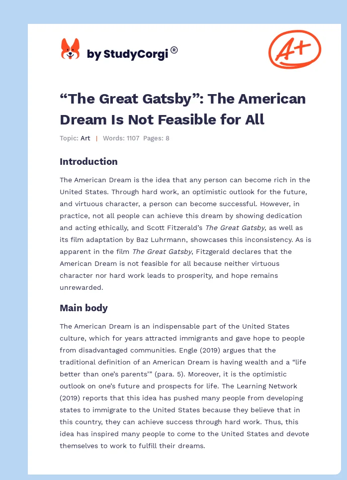 “The Great Gatsby”: The American Dream Is Not Feasible for All. Page 1