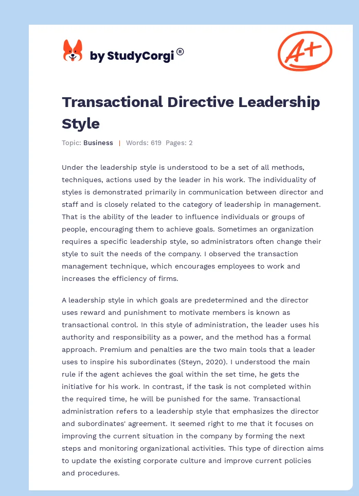 Transactional Directive Leadership Style. Page 1
