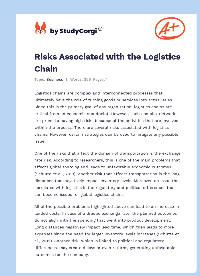 Risks Associated with the Logistics Chain. Page 1