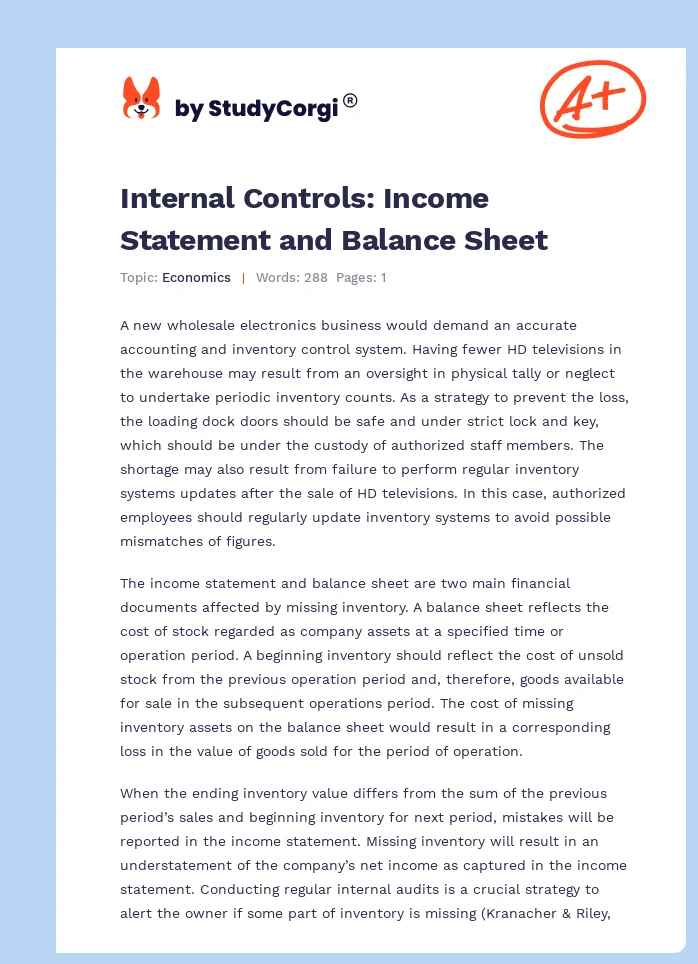 Internal Controls: Income Statement and Balance Sheet. Page 1