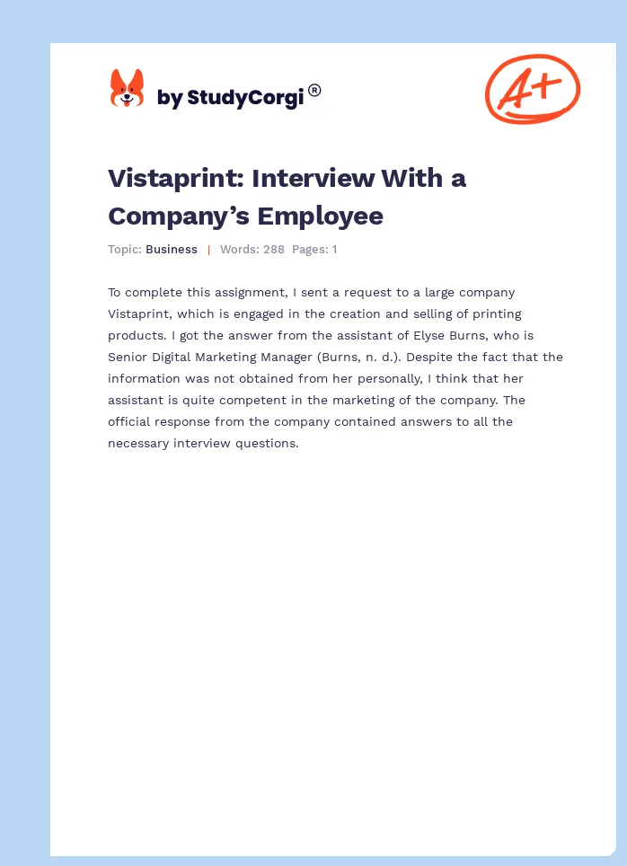 Vistaprint: Interview With a Company’s Employee. Page 1