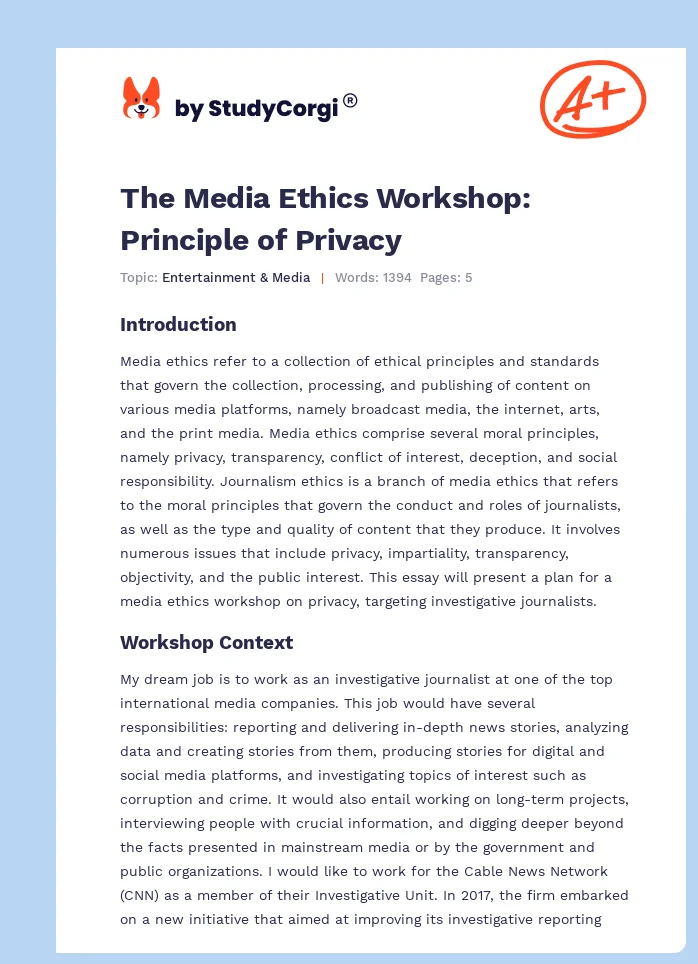 The Media Ethics Workshop: Principle of Privacy. Page 1
