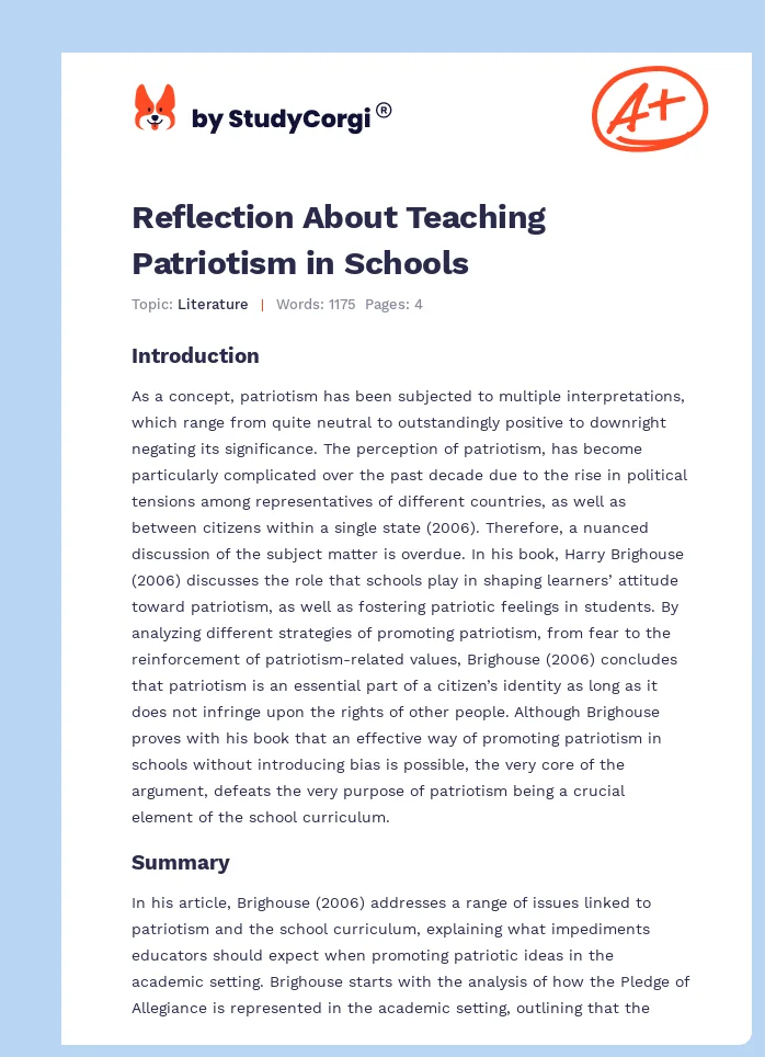 Reflection About Teaching Patriotism in Schools. Page 1