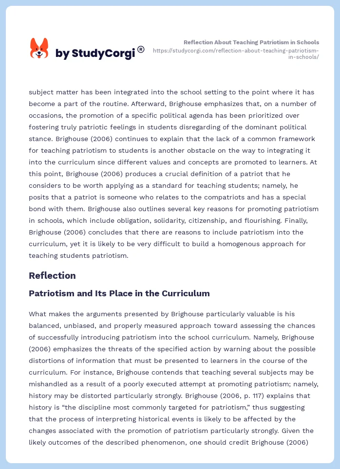 Reflection About Teaching Patriotism in Schools. Page 2