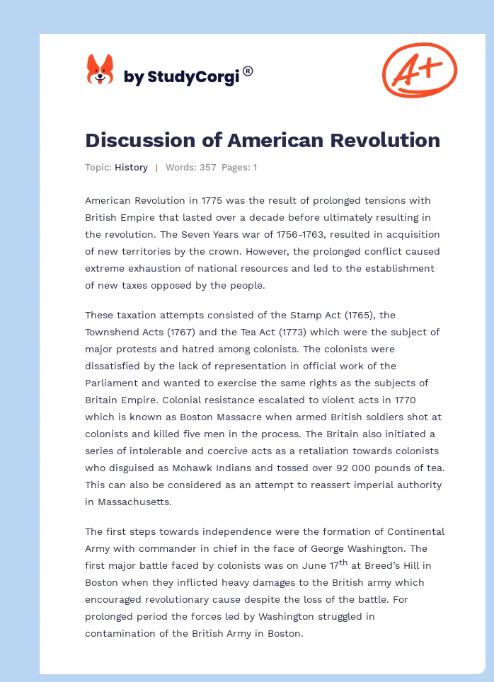 Discussion of American Revolution. Page 1