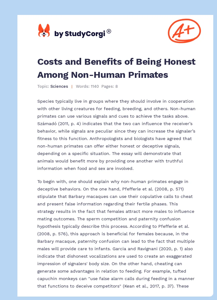 Costs and Benefits of Being Honest Among Non-Human Primates. Page 1